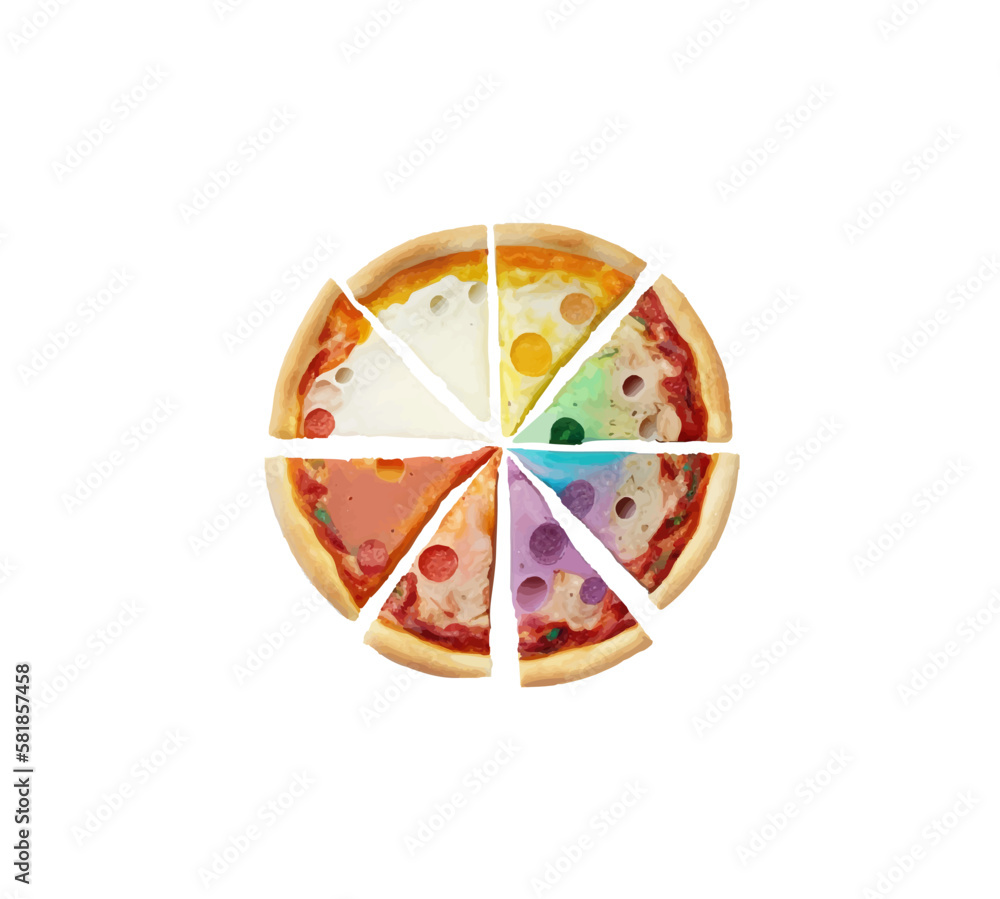 Round assorted pizza cut into triangular pieces with different toppings. Vector illustration of pizza with sausage slices, olives, onions, mushrooms, tomatoes, peppers and cheese