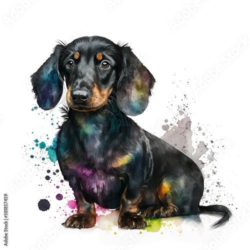 Colourful watercolour style illustration of a black dachshund isolated on a white background