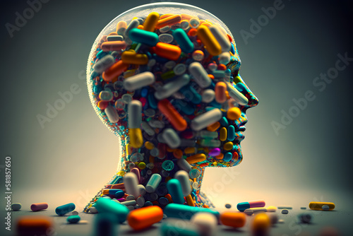 Man overflowing with drugs, pills, pharmaceuticals in the form of a glass jar silhouette. The concept of a constant need for drugs, overdose, stuffed. Generative AI photo