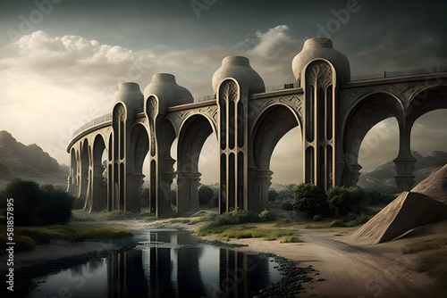 Futuristic bridge with antique elements. Generative AI photo