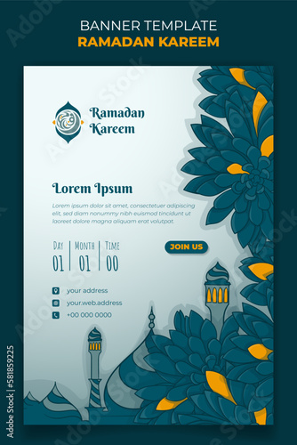 Ramadan banner template in portrait design with minaret and green grass background design