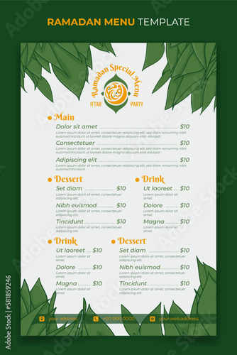 Ramadan iftar food menu template with green leaves background for ramadan event