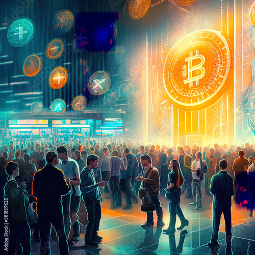 Futuristic Bitcoin Virtual Exchange, busy event, people, crowds, cyber, generative ai