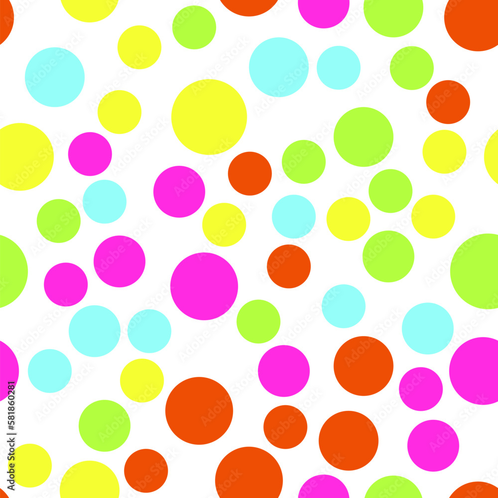 Vibrant seamless repeating pattern of yellow, red, green, purple, blue bubbles for printing on clothes, bags, cups, wallpapers, postcards, wrappers and other surfaces Vibrant seamless repeating pattern of yellow, red, green, purple, blue bubbles for printing on clothes, bags, cups, wallpapers, postcards, wrappers and other surfaces