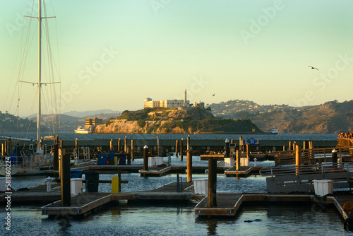 Alcatraz Island (and prison), viewed from the mainland at San Francisco, California