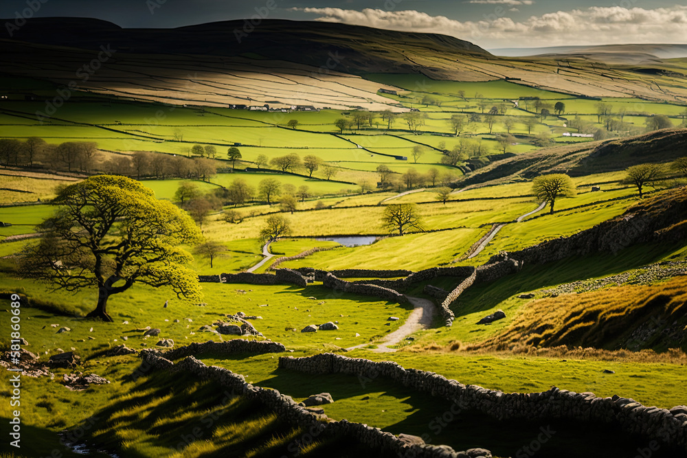 Scenic view of Yorkshire Dales landscape in Spring, Generative AI