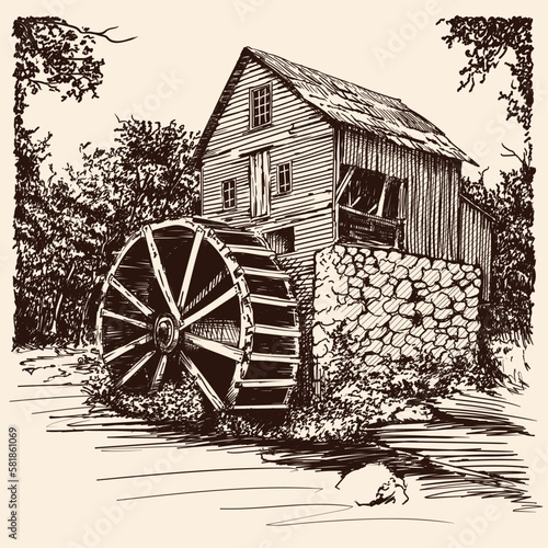 An old wooden water mill with a wheel and blades near a forest river. Rough freehand sketch on a beige background.