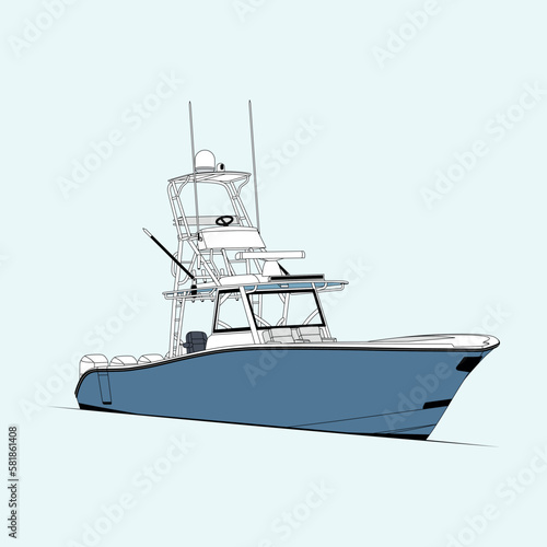An vector illustration of a fishing boat taken from the side. This is printable on numerous items, including t-shirts.