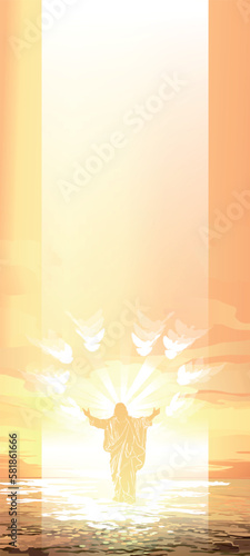 Beautiful Easter banner or greeting card with Jesus Christ walking on water with outstretched arms. Against the background of the sky. Religious theme with the heart and the Son of God, the savior in 