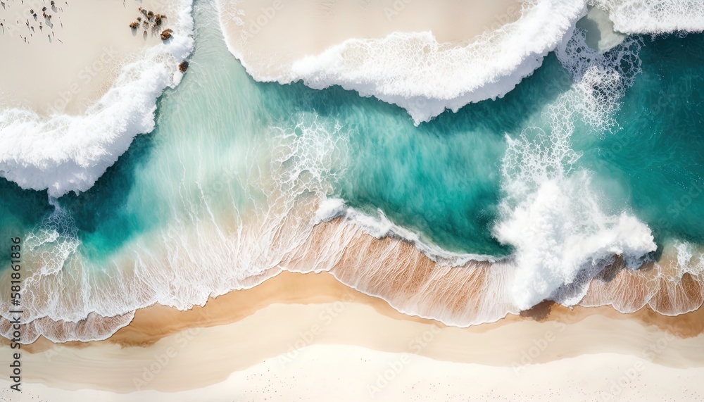 Seaside with white sandy beach, abstract natural ocean tropical background, overhead view directly from above, AI generative