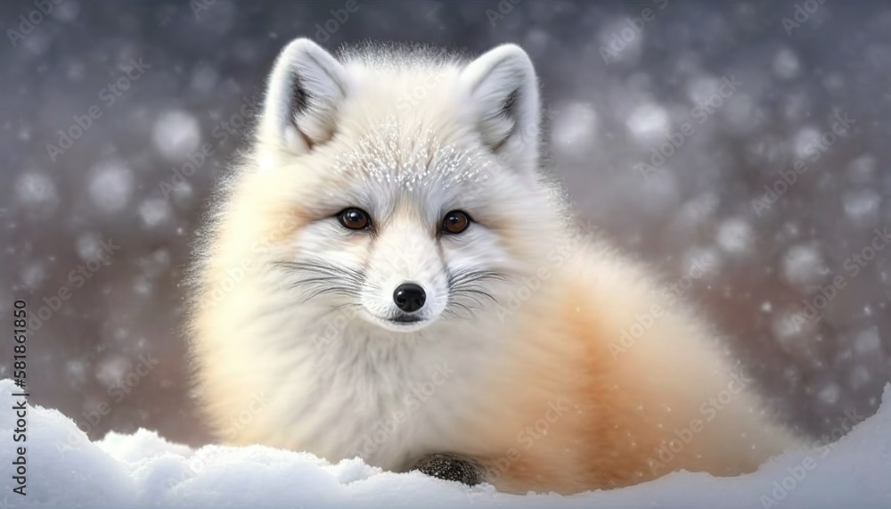 Cute polar fox very happy playing in snow, Christmas winter greeting card, AI generative