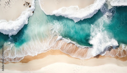 Seaside with white sandy beach, abstract natural ocean tropical background, overhead view directly from above, AI generative