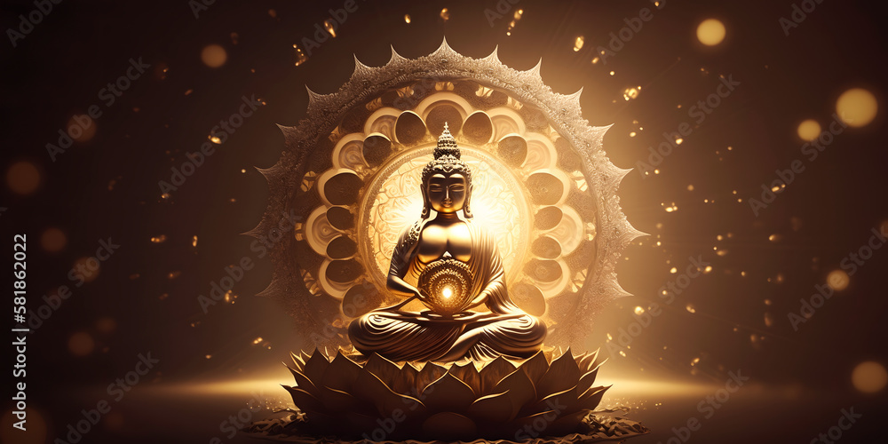 Buddha statue meditate with golden aura on yellow banner dark background with light. Generation AI - obrazy, fototapety, plakaty 
