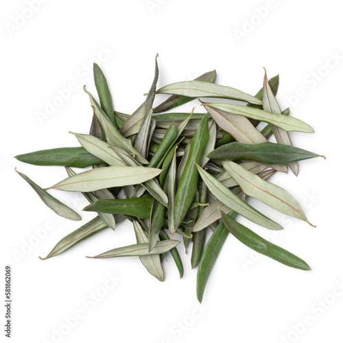 Heap of dried olive leaves as an ingredient isolated on white background