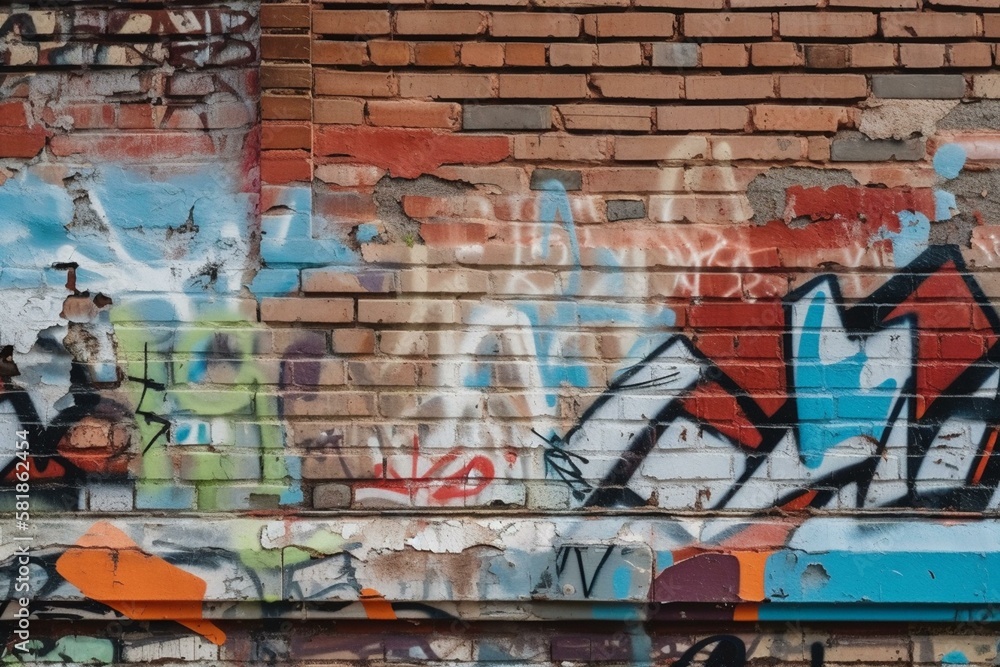 A close-up of a brick wall with peeling paint and graffiti. Generative AI