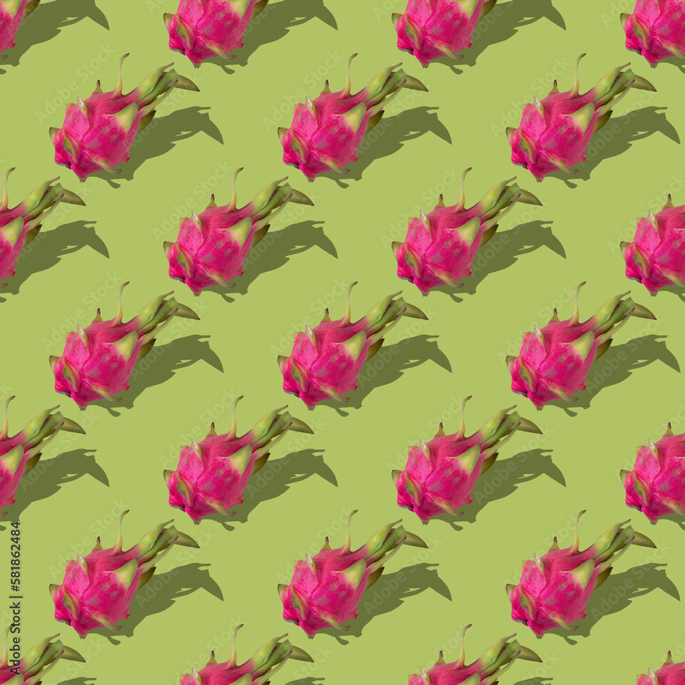 exotic pitahaya fruit on a green background, seamless pattern exotic pitahaya fruit on a green background, seamless pattern
