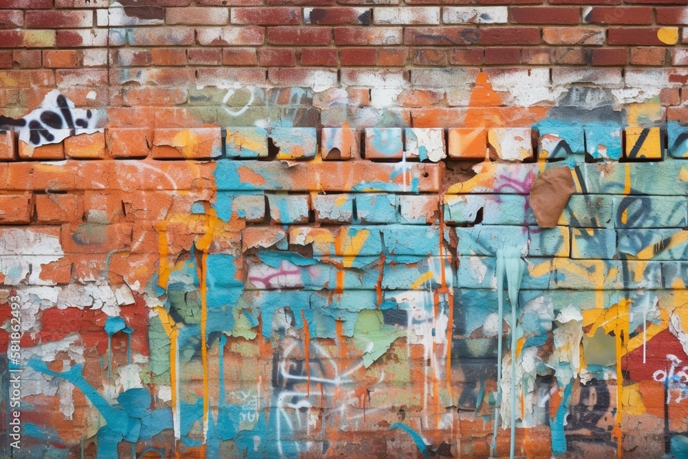 Fototapeta premium A close-up of a brick wall with peeling paint and graffiti. Generative AI