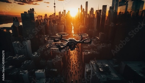 Professional drone shot of amazing cityscape at sunset, visible skyscrapers and sky, generative AI