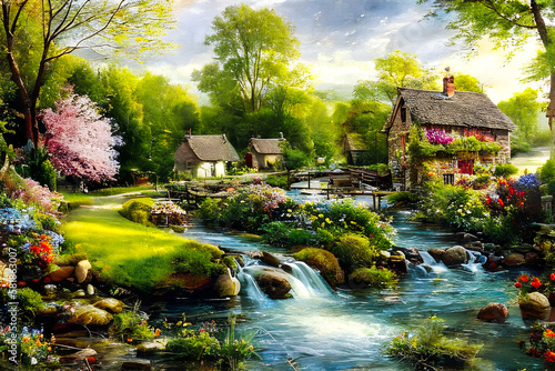 Beautiful village daylight, small cottage and Spring flowers. Water stream.