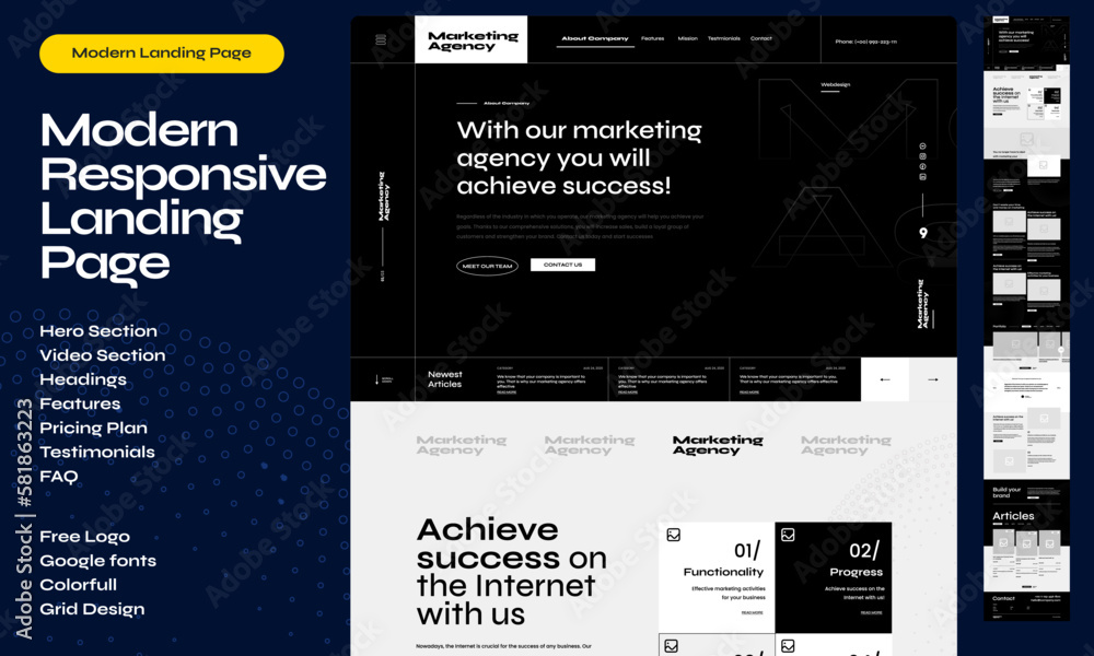 Naklejka premium Modern black and white Full Responsive landing Page