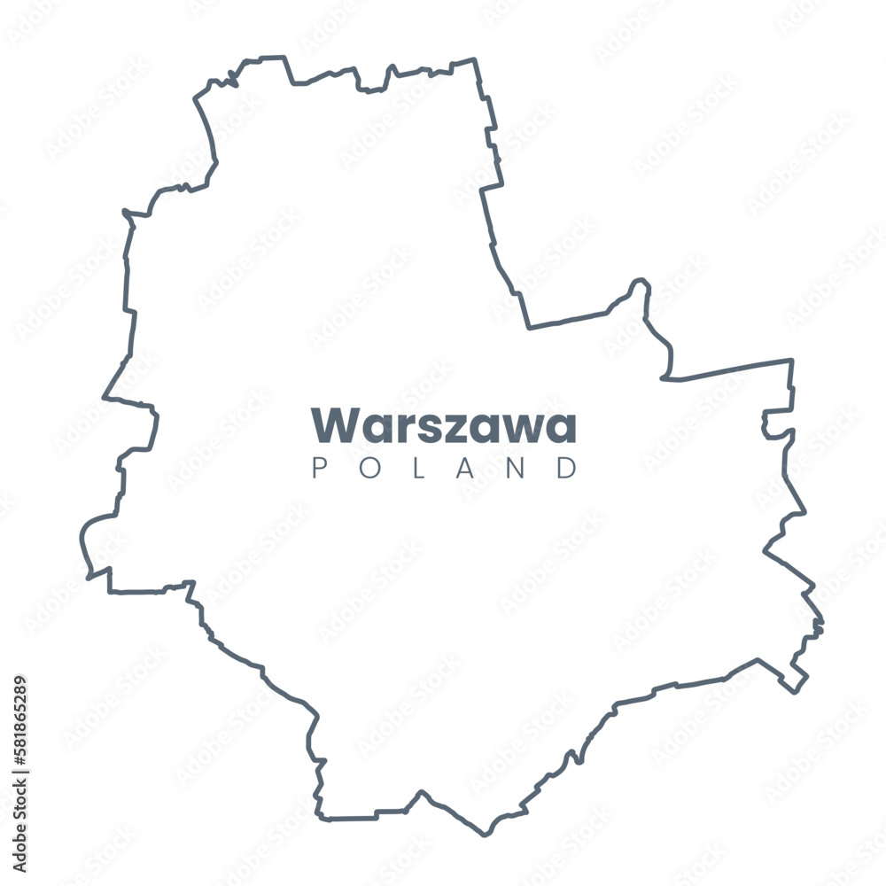 Map of Warsaw - the capital of Poland - Urban borders map. Light stroke version.