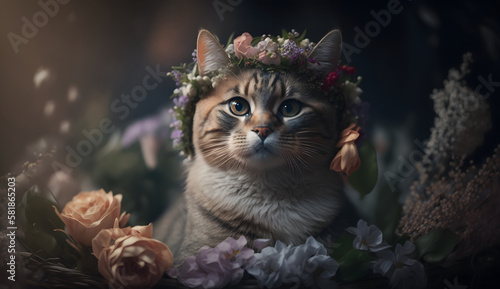 cat in the garden full of flowers in spring