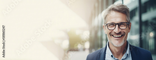 Banner. Middle-aged businessman wearing spectacles smiling standing outside blurred office building. Made with Generative AI