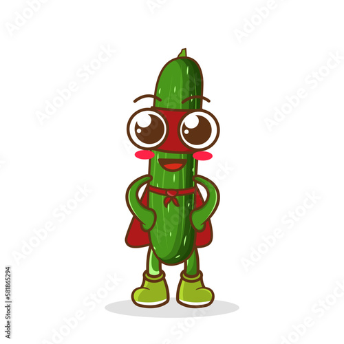 Cute happy super hero zucchini, Superhero Vegetables in a superhero costume, mask and cloak. Vector concept illustration in a flat style for a healthy eating and lifestyle.