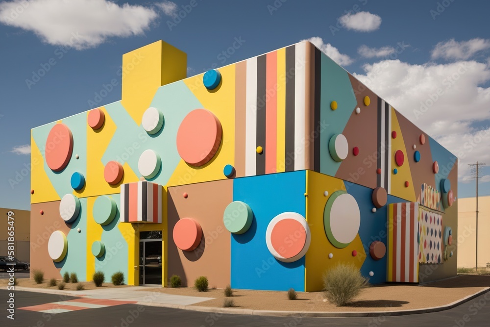 Factory building with a colorful playful exterior featuring bold patterns or graphics for a fun and creative look, concept of Vibrant Design and Visual Appeal, created with Generative AI technology