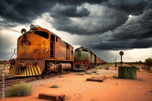 Deserted train yard with rusted locomotives and boxcars with a dramatic cloudy sky in the background, concept of Abandonment and Decay, created with Generative AI technology photo