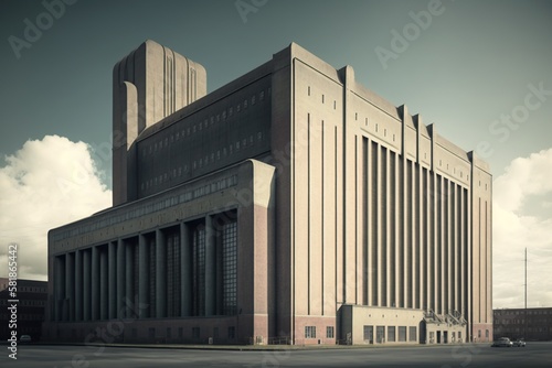 Factory building with a towering imposing facade showcasing its impressive size and scale, concept of Grandeur and Monumentality, created with Generative AI technology