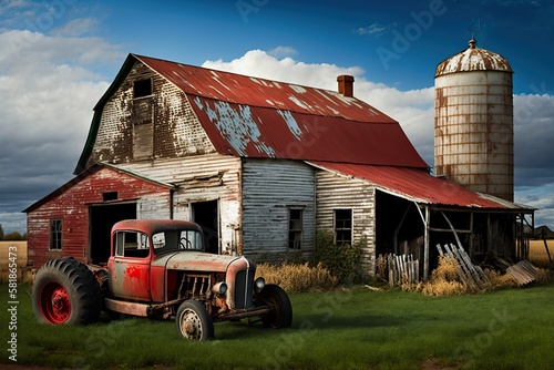 Dilapidated barn with a weathered red roof a leaning silo and an old tractor parked outside, concept of Abandoned and Rustic, created with Generative AI technology