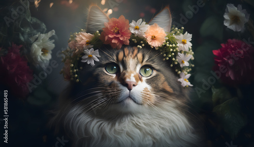 cat in the garden full of flowers in spring © Demencial Studies
