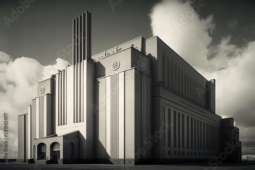 Factory building with a towering imposing facade showcasing its impressive size and scale, concept of Grandeur and Monumentality, created with Generative AI technology photo