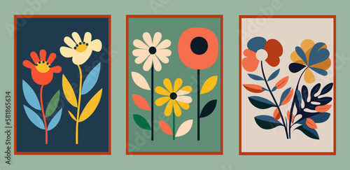 Set of floral cards with hand drawn abstract flowers. Vector illustration.