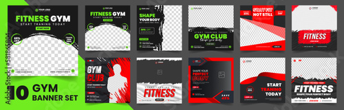 Fitness gym social media post banner template set of 10 big mega collection bundle. gym, Workout, fitness and Sports social media post banner set, fitness gym social media post banner bundle