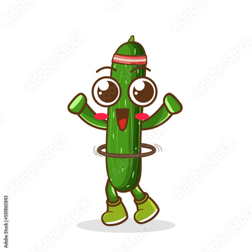 cute zucchini cartoon is playing hula hoop. zucchini rotates the hula hoop on white background. Sport concept.