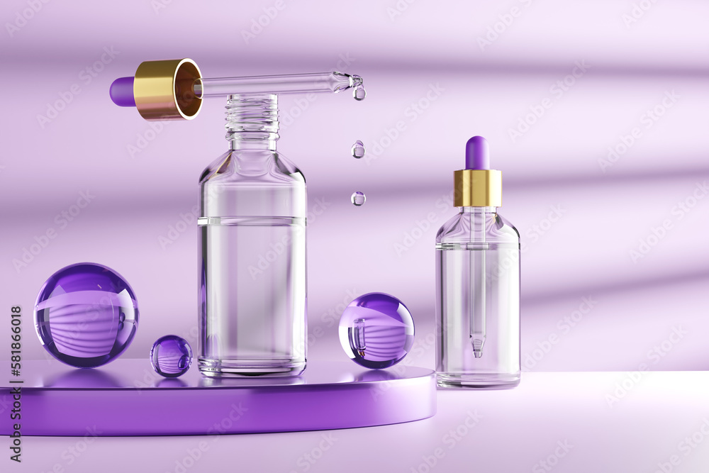 Lavender Dropper Glass Bottle Mock-Up. Сosmetic Serum Pipette with Gold Balls - 3D Illustration Render Lavender Dropper Glass Bottle Mock-Up. Сosmetic Serum Pipette with Gold Balls - 3D Illustration Render