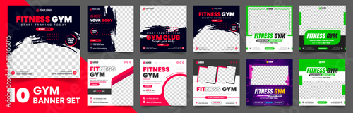 Fitness gym social media post banner template set of 10 big mega collection bundle. gym, Workout, fitness and Sports social media post banner set, fitness gym social media post banner bundle