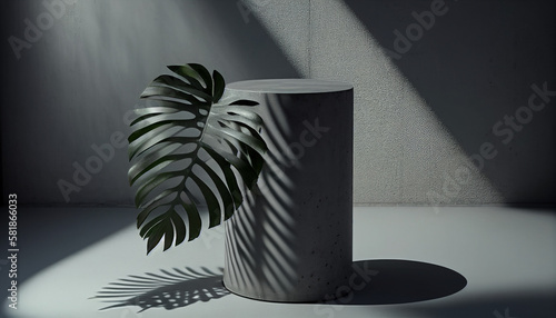 Modern studio room with palm tree and cylinder podium on the concrete floor, Generative AI