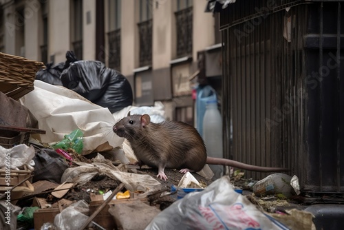 un rat sur un tas d'ordures dans les rues de Paris - generative ai photo