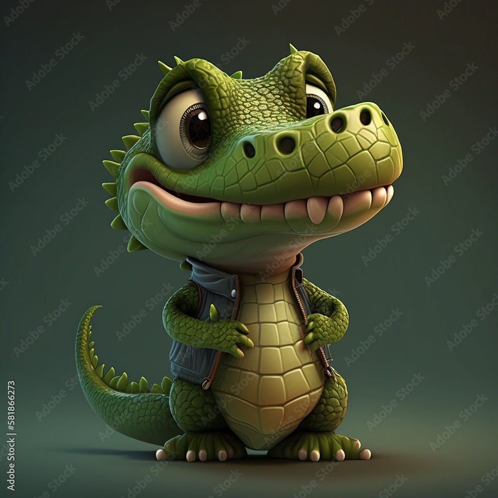 Fototapeta premium 3D cartoon illustration, cute crocodile, ai generative