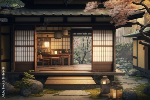 A traditional Japanese teahouse with tatami mats Generative AI