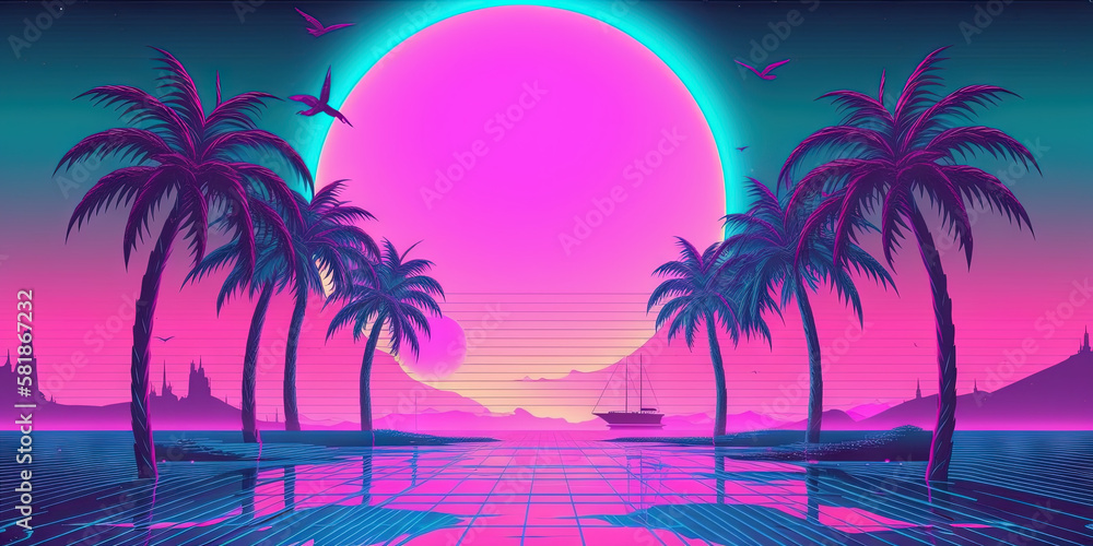 Outrun Synthwave style - 1990s retro aesthetic with palm trees and ...