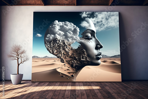 Render of a picture frame and fantasy female face art, generative AI