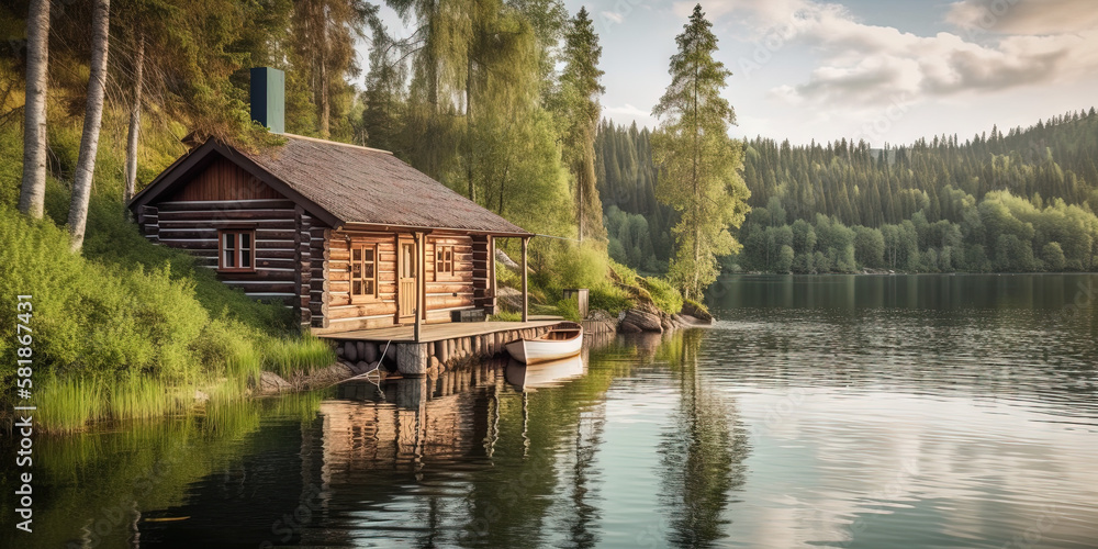 Idyllic log cabin in the woods by the lake