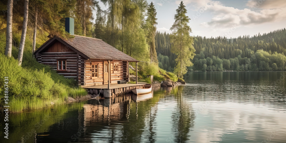 Idyllic log cabin in the woods by the lake Idyllic log cabin in the woods by the lake