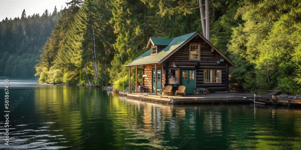 Idyllic log cabin in the woods by the lake Idyllic log cabin in the woods by the lake