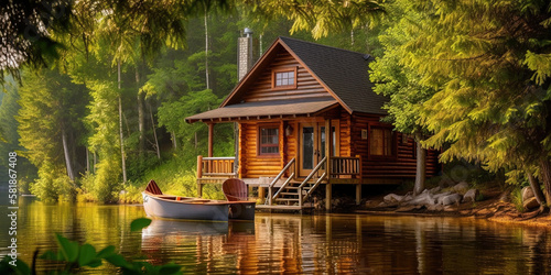 Idyllic log cabin in the woods by the lake