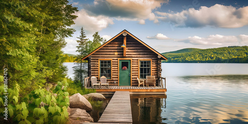 Foto Idyllic log cabin in the woods by the lake